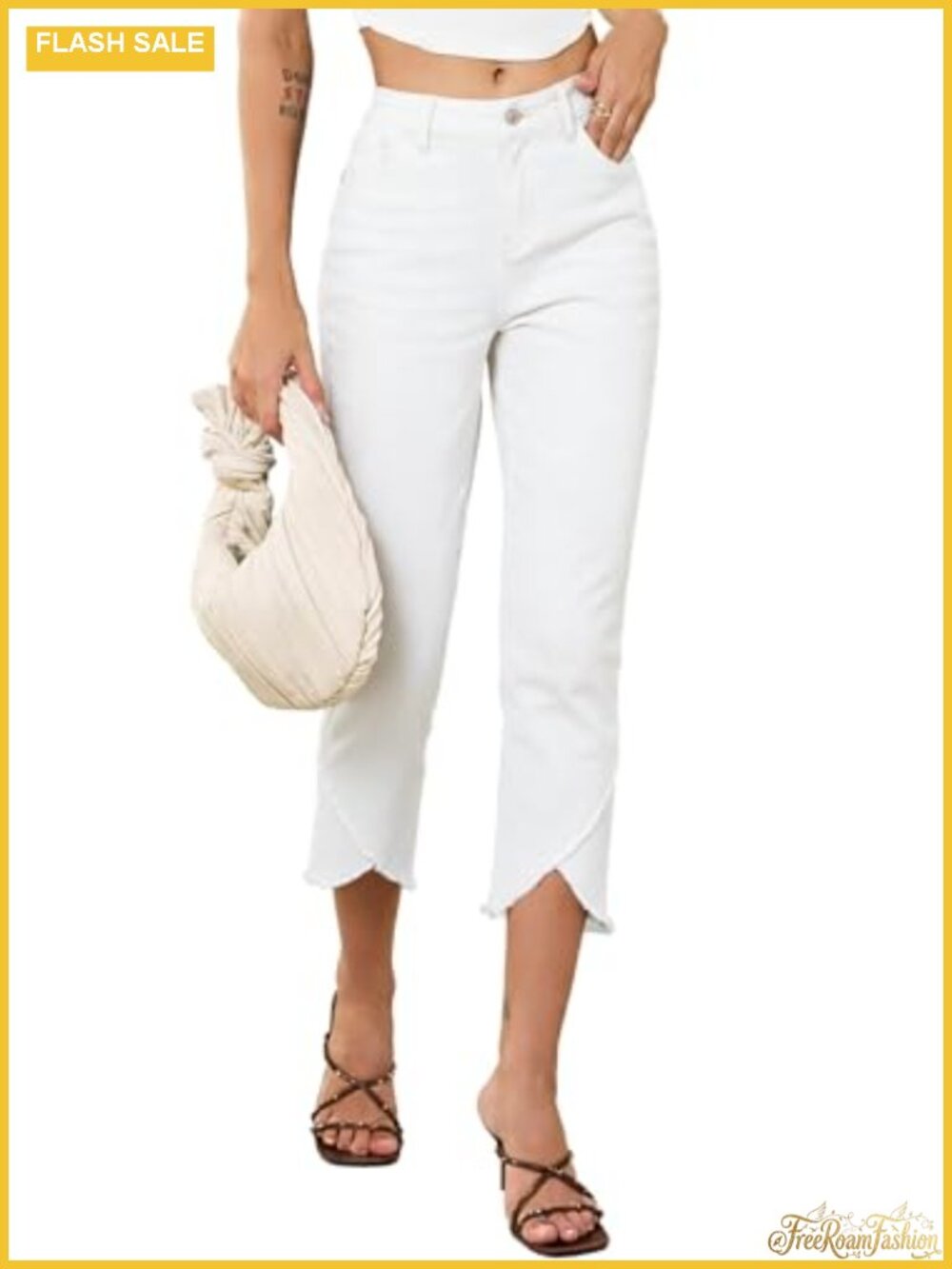 High Waisted Stretchy Cropped Skinny Jeans Raw Hem Capri Pants with Pockets